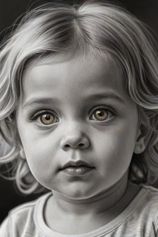 A hyperdetailed photorealistic black and white sketch of a beautiful toddler with deep Yellow eyes, with a macro focus