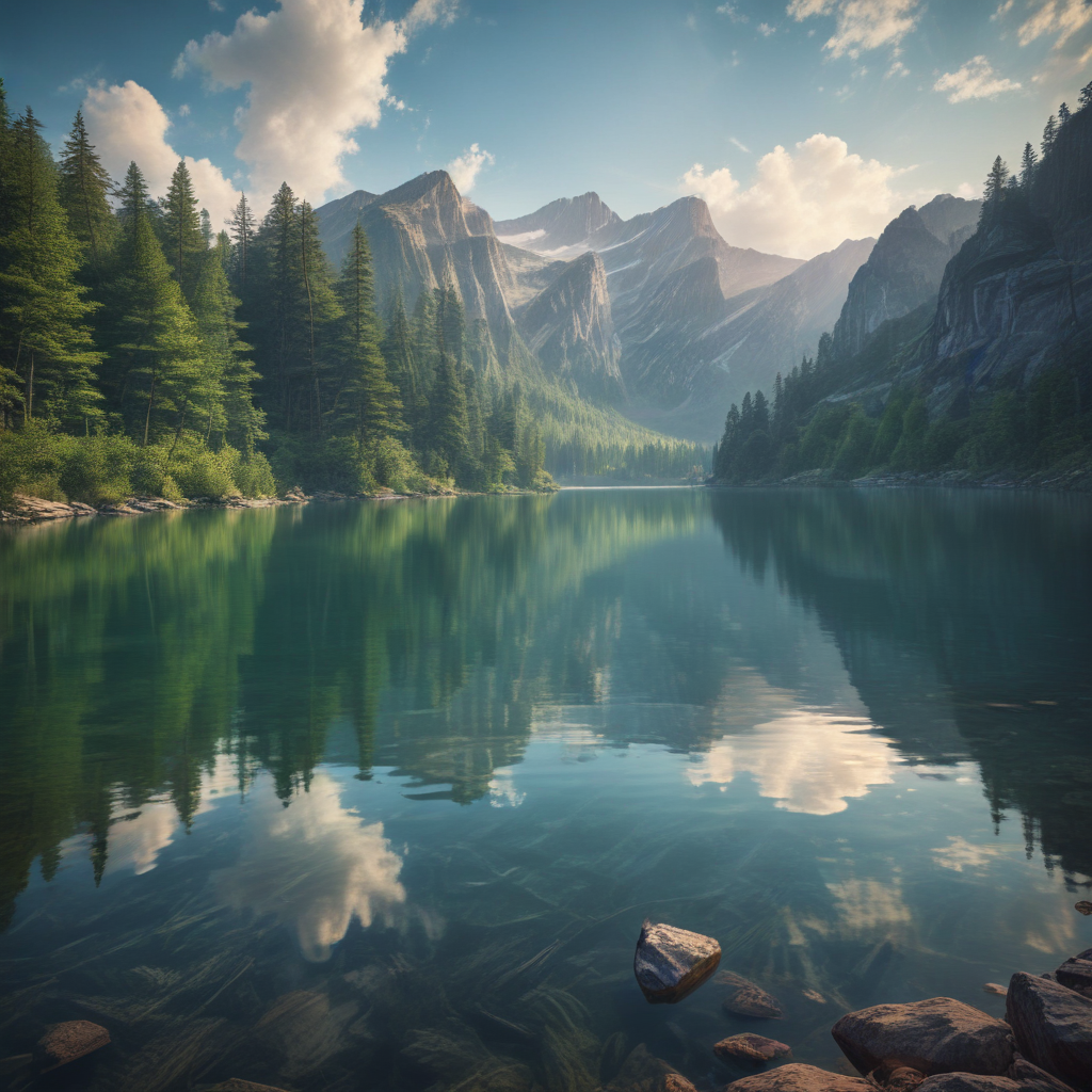 Tranquil Mountain Lake Surrounded by Lush Green Forest and Majestic Peaks