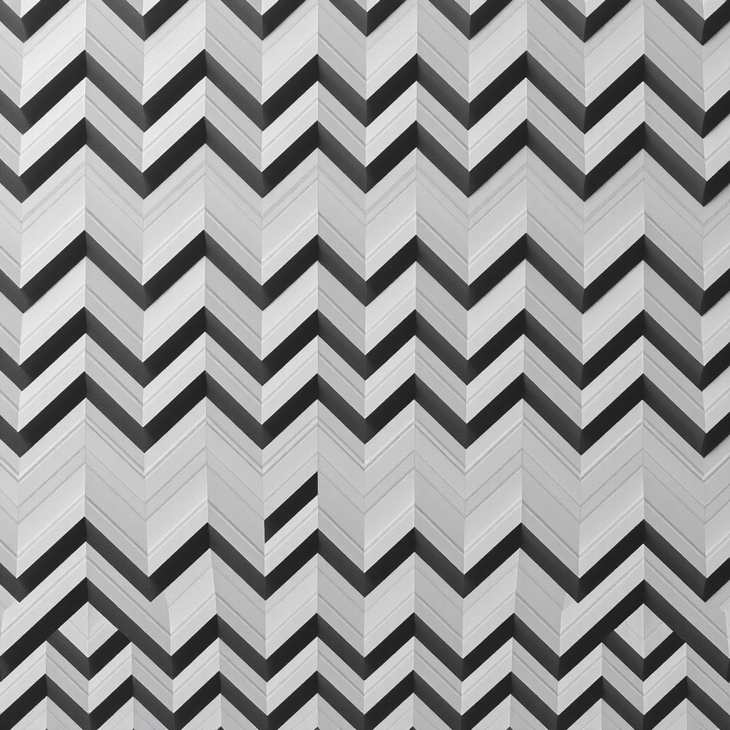 Create a high-resolution image of a repeating zigzag pattern in black and white, using a DSLR camera with a 50mm lens, f/8 aperture, ISO 200, shot from a top-down view for optimal symmetry and detail.