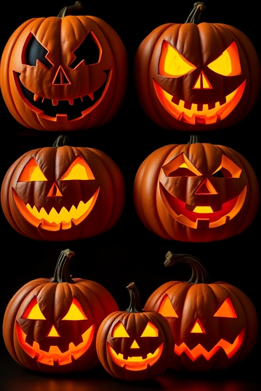 Create a highly detailed, high-resolution image of six carved pumpkins with glowing faces, featuring three sinister designs at the top and three classic pumpkin shapes at the bottom, captured with a DSLR camera, 50mm lens, f/1.8 aperture, ISO 100, and soft natural lighting for enhanced texture and color vibrancy.