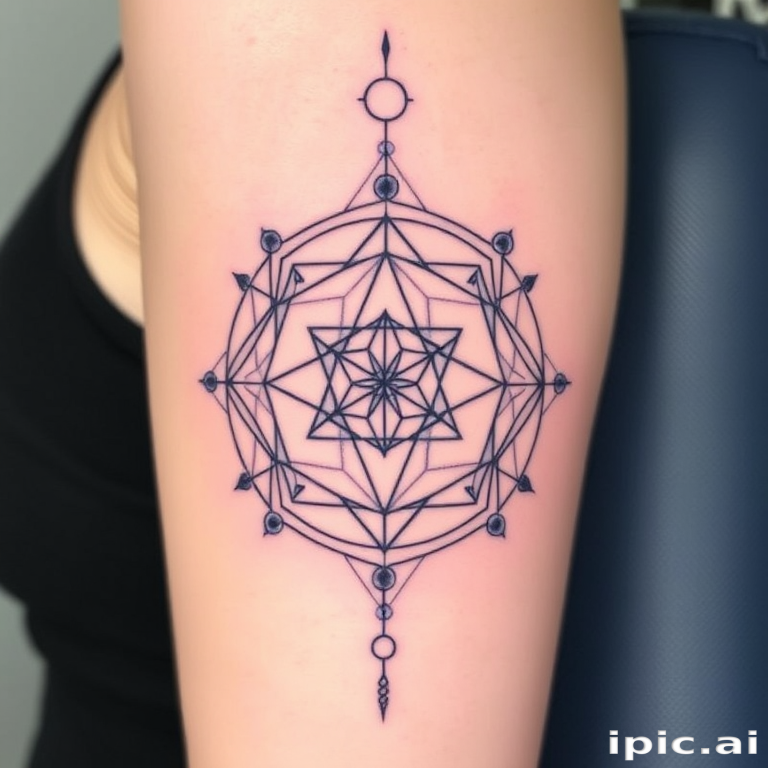 Mystical "Sacred Geometry" tattoo combines precise linework with subtle gradients to create a harmonious and balanced design. Interlocking circles, triangles, and hexagons form complex patterns, while soft lavender and mint hues add a touch of otherworldliness. This spiritual and mathematical-inspired piece is perfect for those seeking a tattoo with deeper meaning and visual appeal.