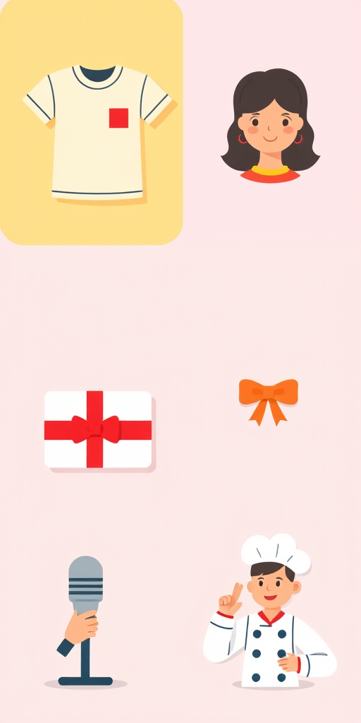 Create a flat design illustration with simple icons representing a t-shirt, a book with a bookmark, a person with a neutral expression, a gift card with a bow, a microphone, and a chef, using a clean color palette, in a high-resolution digital art style, shot with a 50mm lens at f/2.8, ISO 100, natural light for a soft and vibrant appearance.