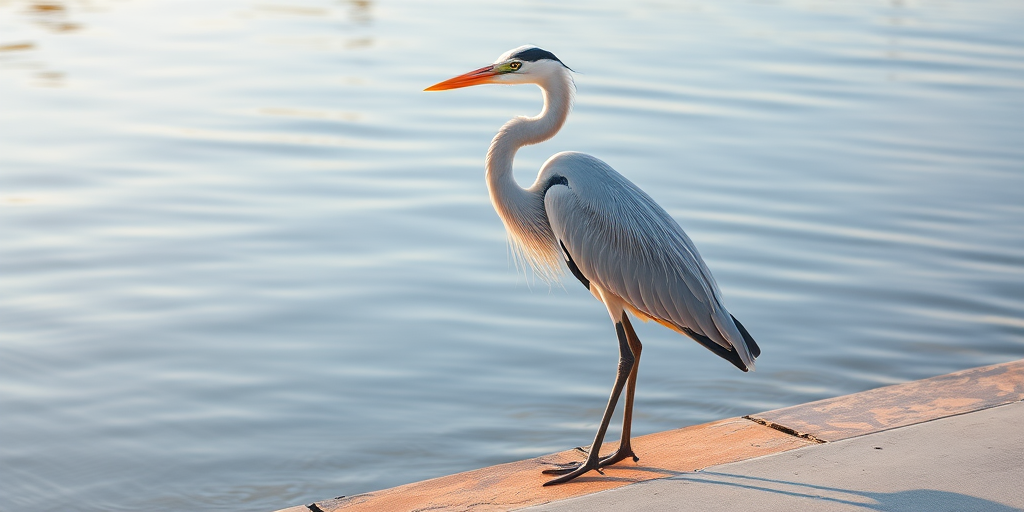 Create a high-resolution digital illustration of a graceful heron standing elegantly by the water's edge, with soft pastel colors and intricate feather details, using a Canon EOS R5 with a 135mm lens, aperture set to f/2.8 for a shallow depth of field, in natural light.