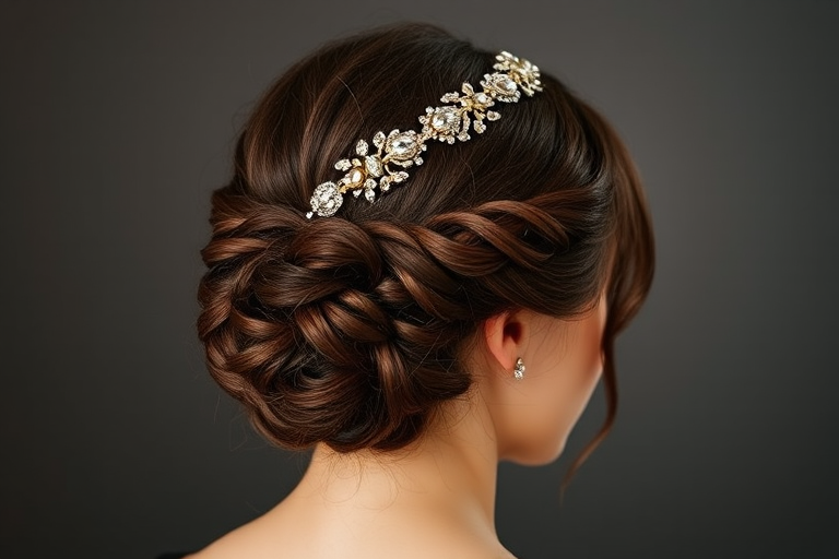 Elegant low chignon in chocolate brown, adorned with a vintage-inspired jeweled headband and soft tendrils, perfect for a timeless black-tie affair
