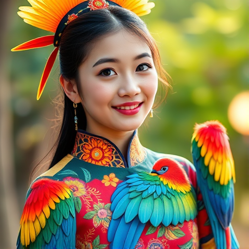 A beautiful Taiwanese girl, wearing colorful bird clothing with vibrant colors