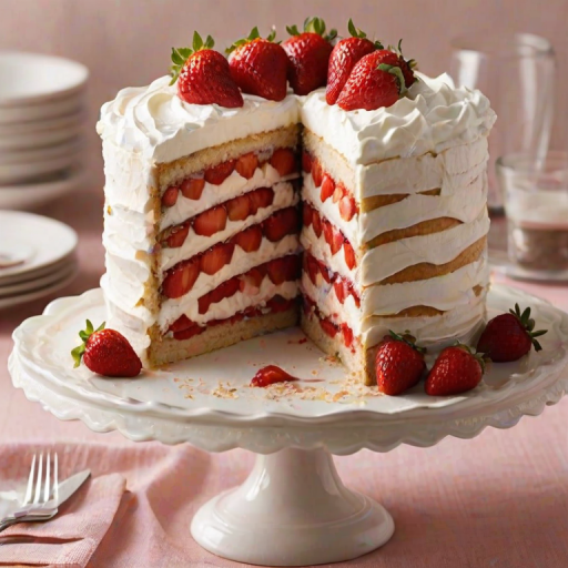 Create an image of a layered cake with fresh strawberries and whipped cream on top. The cake should have a moist, light texture and be presented on a woven platter. Include some strawberries around the cake and have a slice cut out to show the layers inside. The background should be simple and elegant, with soft lighting.