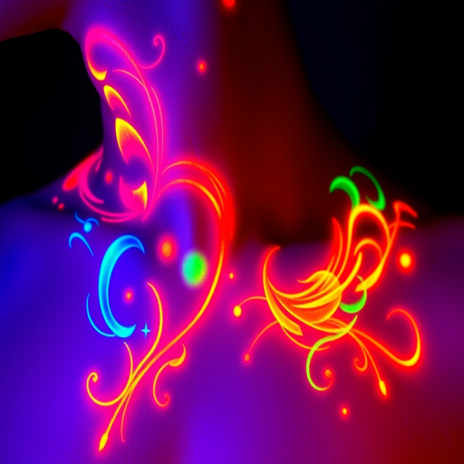 Neon color tattoo called "Electric Dreams" showcasing bright, glowing colors that seem to pulse with energy, depicting abstract shapes and swirls that appear to illuminate the skin like a neon sign