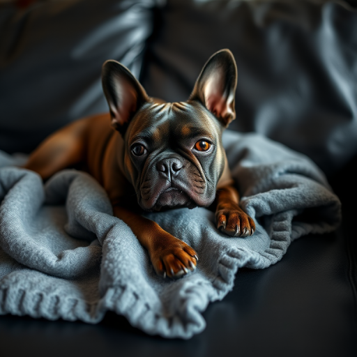 French Bulldog resting on a gray blanket on a black leather sofa, soft natural lighting, shallow depth of field, 50mm lens, aperture f/1.8, ISO 200, shot from eye level, DSLR camera.