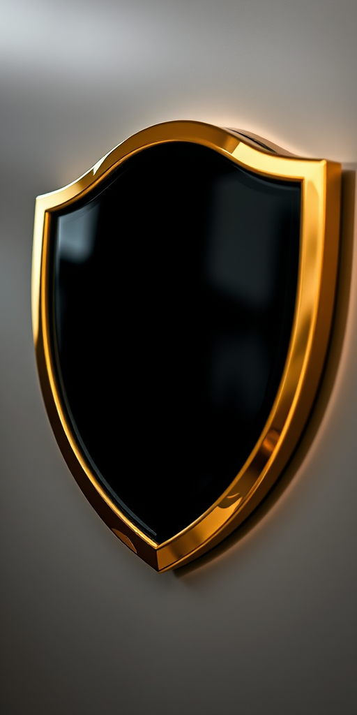 Create a high-resolution image of a sleek, gold-framed shield with a glossy black interior, captured in a soft-focus style, using a 50mm lens at f/1.8, ISO 100, and a shallow depth of field for dramatic effect.