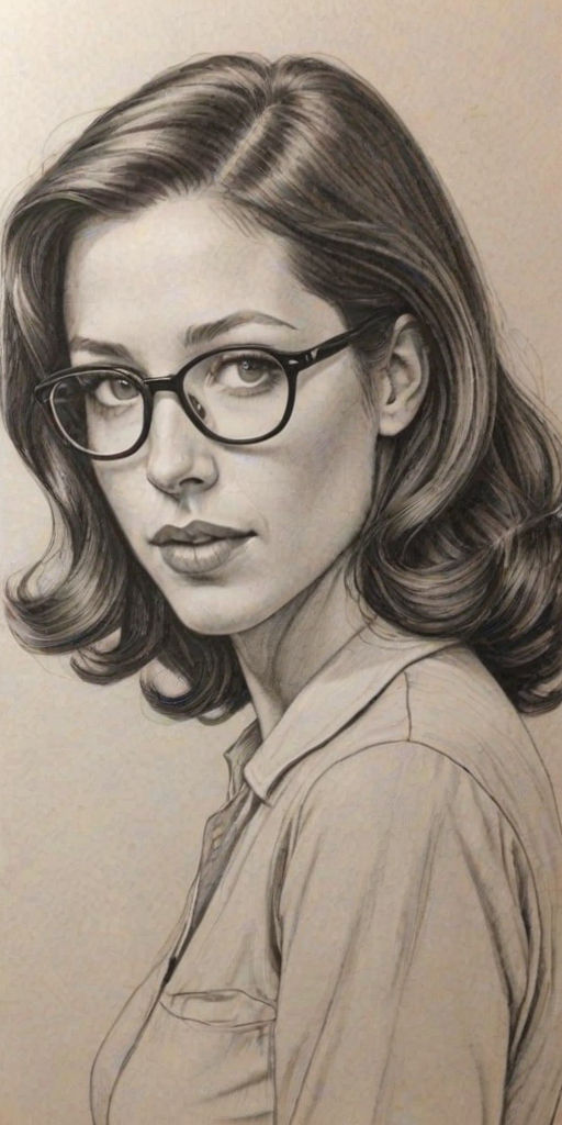Stunning Jackie Tohn, pencil sketch, portrait of Beauteous woman 1941s in glasses, hair style beatnik, outline, clear lines, fine lines, 8k