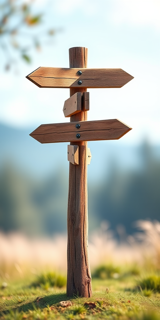 create a 3D illustration of a stylized wooden signpost with multiple directional arrows, set against a soft-focus natural background, using a DSLR camera with a 50mm lens, aperture f/2.8, ISO 100, and a shallow depth of field to enhance details and colors.
