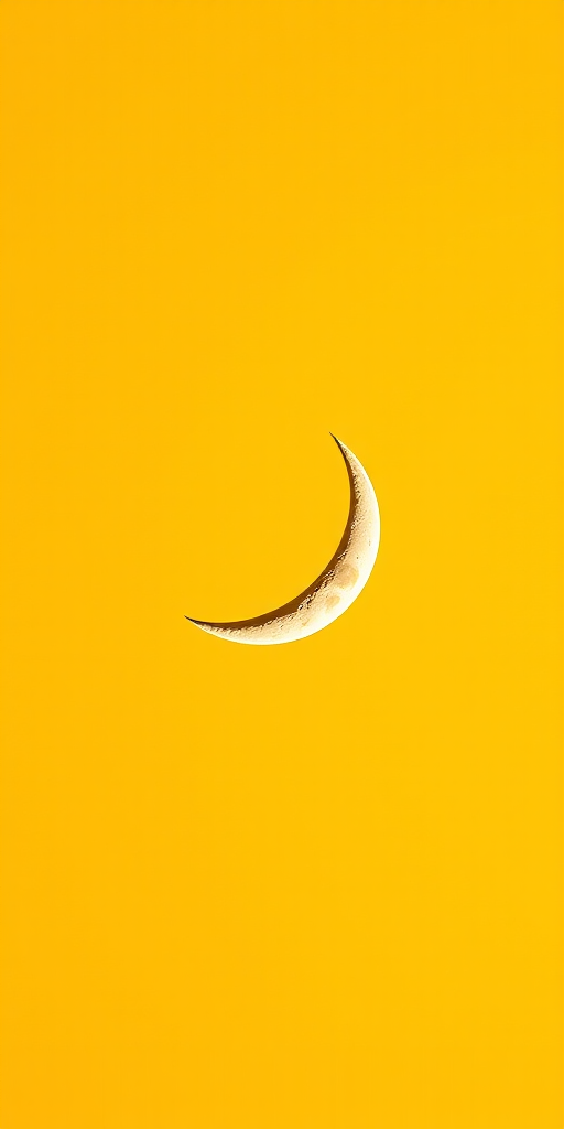 create a vibrant crescent moon against a bright yellow background, use a Canon EOS 5D Mark IV, aperture f/8, ISO 100, 50mm lens, focused on the moon with a shallow depth of field for enhanced detail and softness around the edges