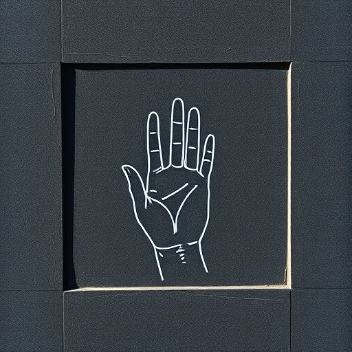 Create an abstract line drawing of a hand symbol within a textured square frame, captured with a Canon EOS R5, 50mm lens, f/1.8 aperture, ISO 100, in natural light, high contrast, and sharp focus.