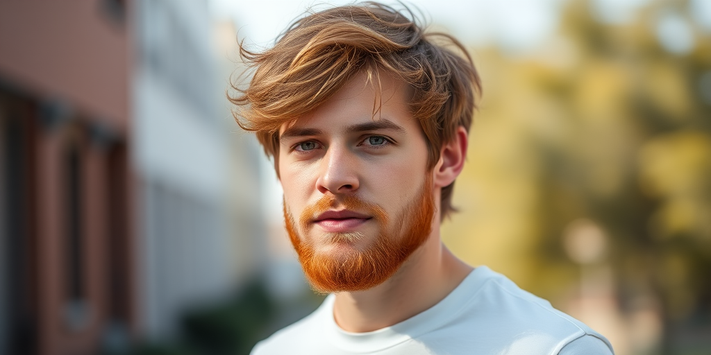 Capture a portrait of a young man with tousled orange hair and a beard, wearing a plain white t-shirt, using a Canon EOS R5 with a 50mm f/1.2 lens, aperture set to f/1.2, ISO 100, shot in natural light with a shallow depth of field, and a soft bokeh background.