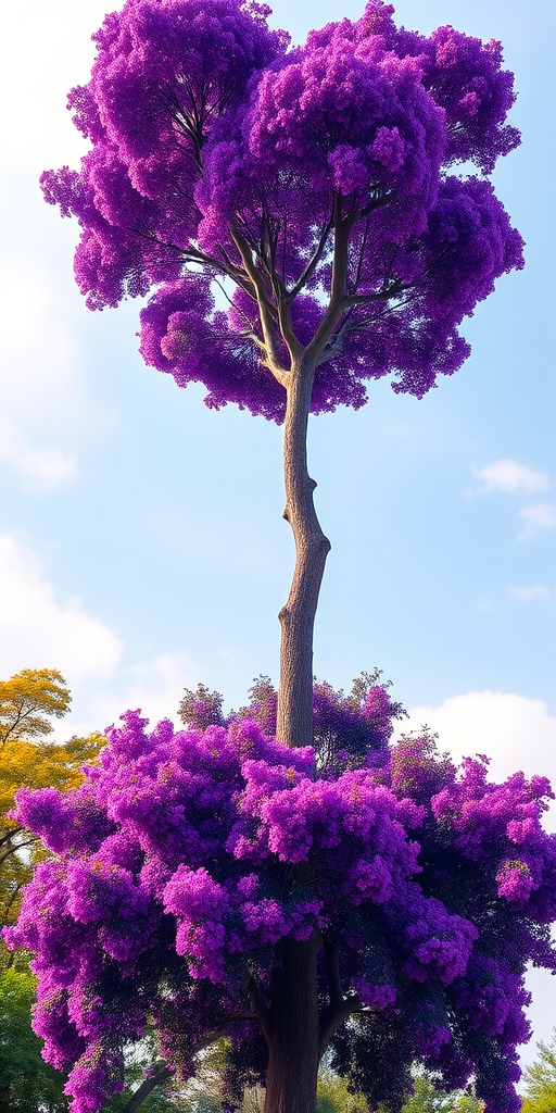 Capture a vibrant, digitally rendered purple tree with lush foliage against a clear sky, using a DSLR camera at f/4.0 aperture, ISO 100, and 1/200s shutter speed, shot from a low angle perspective to emphasize its height and grandeur.
