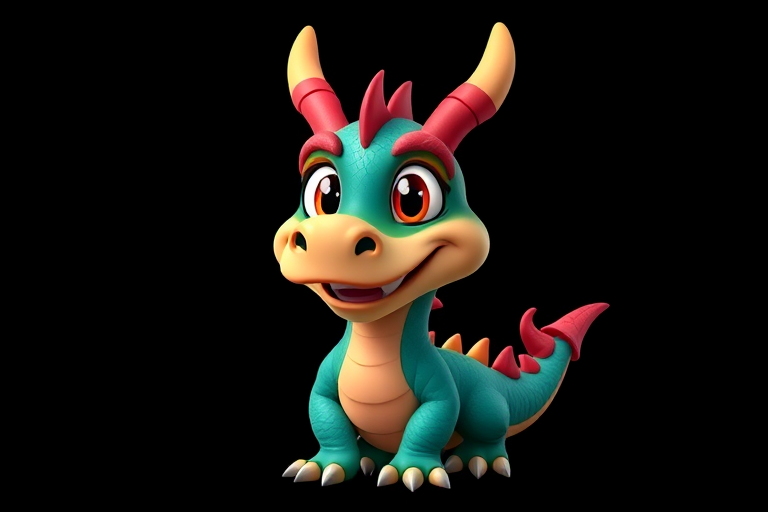 Create a vibrant cartoon dragon character with exaggerated features, wide eyes, and a big smile, set against a solid black background, captured in high resolution with a DSLR camera, 50mm lens, f/1.8 aperture, ISO 100, and soft studio lighting to enhance the vivid colors and sharp details.