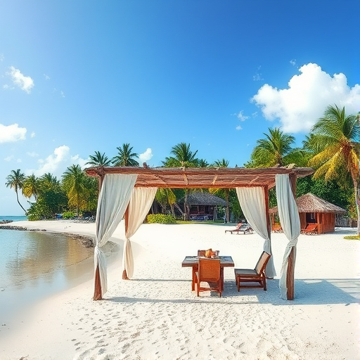 Create a picturesque tropical beach scene featuring a serene, white sandy shore. In the foreground, there's a rustic wooden canopy with white drapes gently flowing in the breeze. Underneath the canopy, a table is set with tropical decor, evoking a sense of relaxation and leisure. The beach extends into a calm, shallow water area with reflections of the sky and surroundings. Palm trees and lush greenery line the edge of the beach, providing a natural, tropical backdrop. The sky is clear with a few scattered clouds, and the overall atmosphere is tranquil and inviting, perfect for a peaceful retreat.