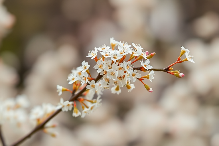 delicate white flowers on thin branches with a soft blurred background depicting a serene nature scene