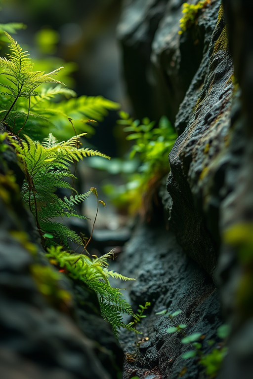 regenerate the image of a serene forest scene with lush ferns and delicate green plants emerging from rocky crevices, focus on soft, diffused lighting to create a mystical atmosphere, use a DSLR camera with an aperture of f/8, shutter speed of 1/60s, ISO 200, 50mm lens, and a macro perspective to capture intricate details and textures.