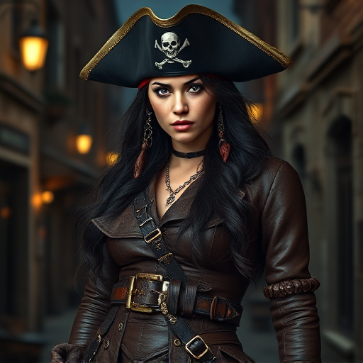 Create a portrait of a fierce female pirate. She wears a leather tricorn hat adorned with a skull and crossbones emblem, and her long, dark hair flows around her face. Her outfit consists of a richly detailed leather jacket, a corset, and multiple layers of belts and accessories, giving her a formidable and stylish appearance. She stands confidently in a dimly lit, historic port town, with a backdrop of weathered buildings and cobblestone streets, capturing the adventurous spirit of a pirate.