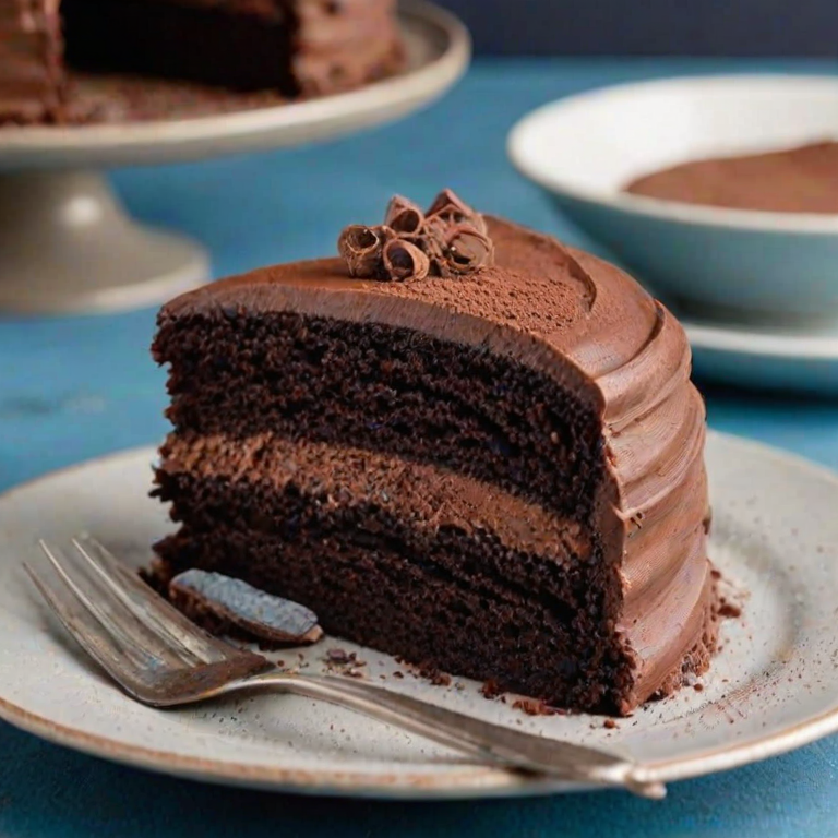 Generate an image of a three-layer chocolate cake with rich chocolate frosting and a dusting of cocoa powder on top. The cake should be presented on a simple blue plate, with a smooth, clean background to highlight its texture and design.