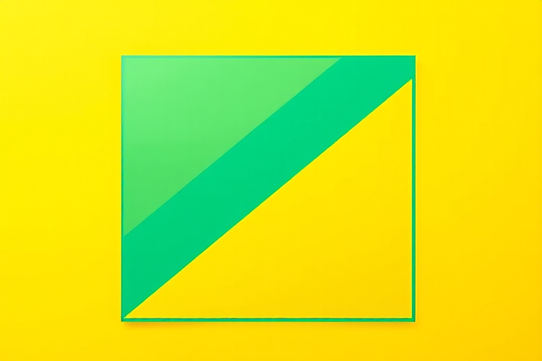 Create an abstract image with overlapping blue geometric shapes on a vibrant yellow background, using a Canon EOS R5, f/8 aperture, 1/60 shutter speed, ISO 200, wide-angle lens, and a soft focus style to enhance color gradients and depth.