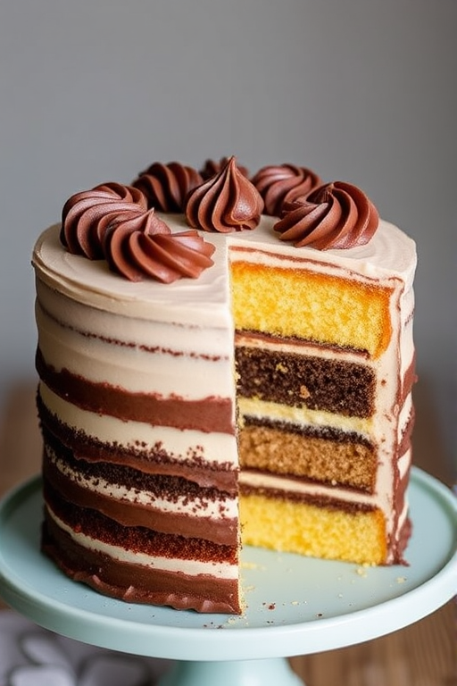 A beautifully decorated layer cake with swirls of chocolate icing on top, showcasing multiple layers of yellow and chocolate cake, placed on a light blue cake stand with a slice cut out revealing the layers inside.