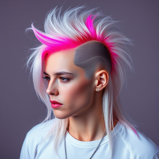 Edgy platinum blonde mullet with neon pink roots and shaved temple designs, styled for maximum volume known as "Retro Futurist" blending nostalgia with avant-garde flair