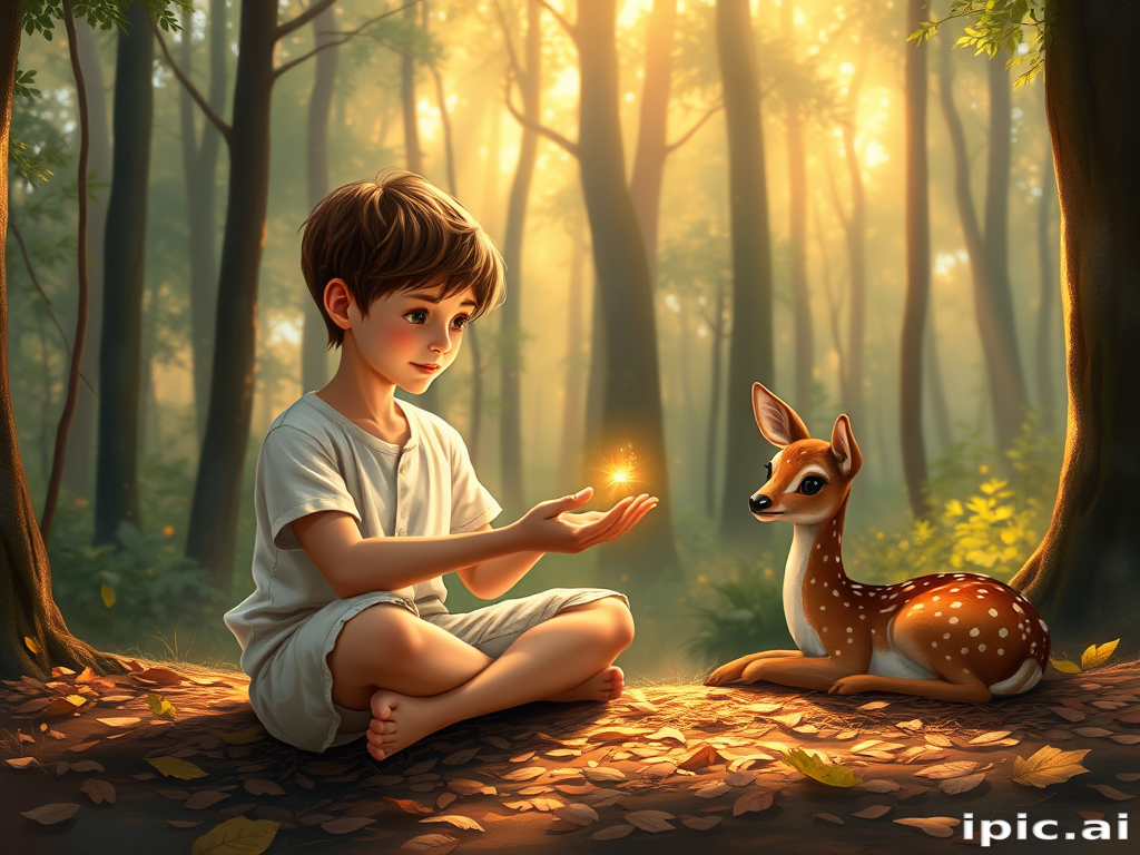 A luminous digital painting of a serene forest scene featuring a barefoot young boy, about 7 years old, with brown hair and fair skin, dressed in a simple white outfit. He sits cross-legged on the forest floor, gazing at a small, glowing, magical firefly in his hand. Beside him, a delicate spotted deer lies calmly on a bed of dried leaves, observing the scene. The dense forest is bathed in warm, golden light filtering through the trees, creating a peaceful, magical atmosphere with a blend of natural and mystical elements.