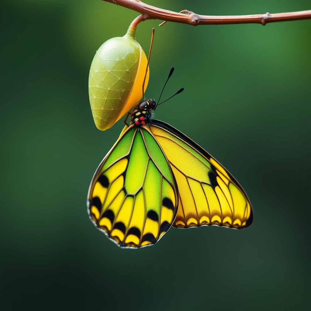Generate an image of a butterfly emerging from its chrysalis, showcasing vibrant green and yellow colors. The butterfly should be hanging from a thin branch against a blurred natural background, emphasizing the transformation and delicate features of the wings.