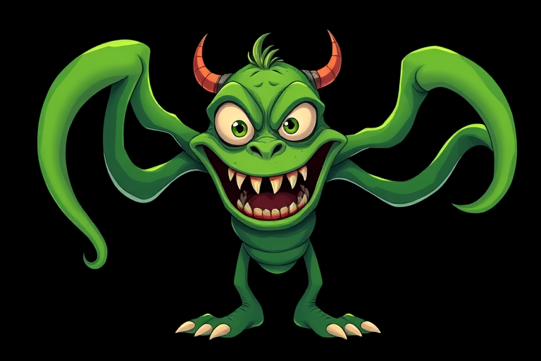 Create an illustration of a cartoonish green monster with five tentacle-like limbs, a wide mouth with sharp teeth, and large eyes, with a black background, captured in high-resolution using a Canon EOS R5 with a 50mm f/1.2 lens at f/8, ISO 100, in a studio lighting setup for enhanced color vibrancy and sharpness.