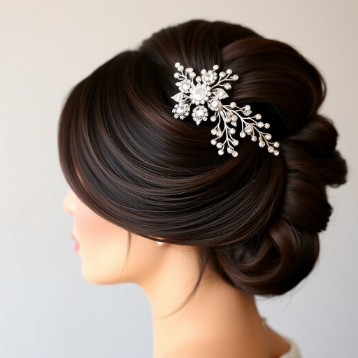 Sophisticated French twist in rich espresso brown, adorned with a jeweled hair comb and sleek side-swept bangs, radiating refined grace and poise