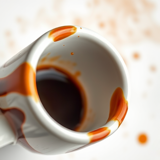 A close-up shot of a coffee cup with splashes and stains, soft focus, natural light, aperture f/2.8, shutter speed 1/60s, ISO 200, DSLR camera, watercolor effect background.