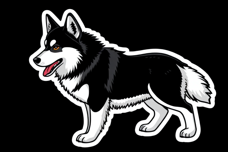 generate sticker, 3D black and white yakutian laika dog breed, black background