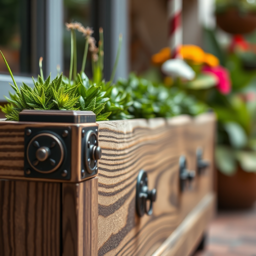 Generate a highly detailed image of a wooden planter box with decorative metal accents, shot with a DSLR camera at f/2.8 to create a shallow depth of field, using a 50mm lens to focus closely on the textures, soft natural lighting, and a 1/125 shutter speed for sharpness.