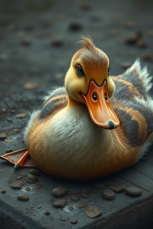 Stunning image of a cute adorable tired looking wacky duck laying flat on the ground, no emotions, moody, grainy, noisy, concept art, by Alberto Seveso, Cyril Rolando, Dan Mumford, Meaningful Visual Art, Detailed Painting, Digital Illustration,
