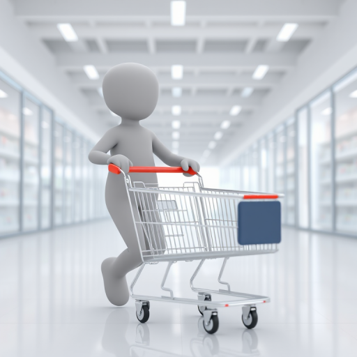 3D rendering of a grey humanoid figure pushing an empty shopping cart in a bright, minimalistic environment, camera type: DSLR, camera settings: f/2.8 aperture, ISO 100, 1/200s shutter speed, camera view: eye level, camera style: high-definition with soft lighting.