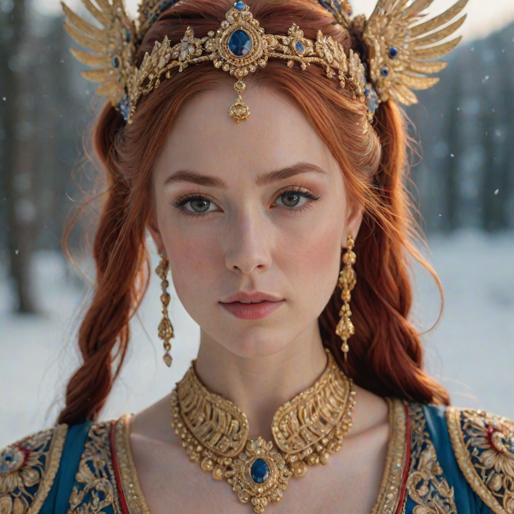 A young woman with long, flowing red hair, wearing a traditional, ornate red and blue costume with gold accents and intricate embroidery, stands facing the viewer in a close-up portrait. Her hair is styled in a high ponytail and adorned with a pair of golden, winged hairpieces. She wears gold earrings and her makeup is accented with light pink blush and a bright red lip. She has a soft and slightly melancholic expression, with her eyes looking directly at the camera. The background is a blurred, out-of-focus snowy landscape, with the woman in the foreground. The lighting is soft and natural, creating a warm, intimate atmosphere. The image is composed using a shallow depth of field, with the woman as the main focal point. The overall style is elegant, delicate, and fairytale-like.