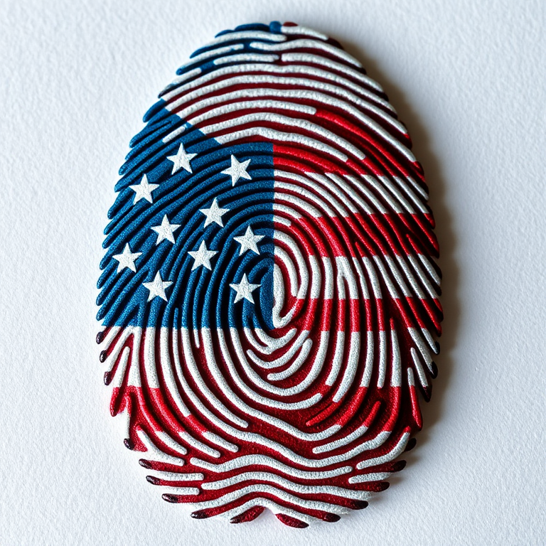 Create an image of a fingerprint featuring the American flag, high resolution, taken with a DSLR camera, 50mm lens, f/2.8 aperture, ISO 100, natural lighting, top-down view, sharp focus to enhance details.