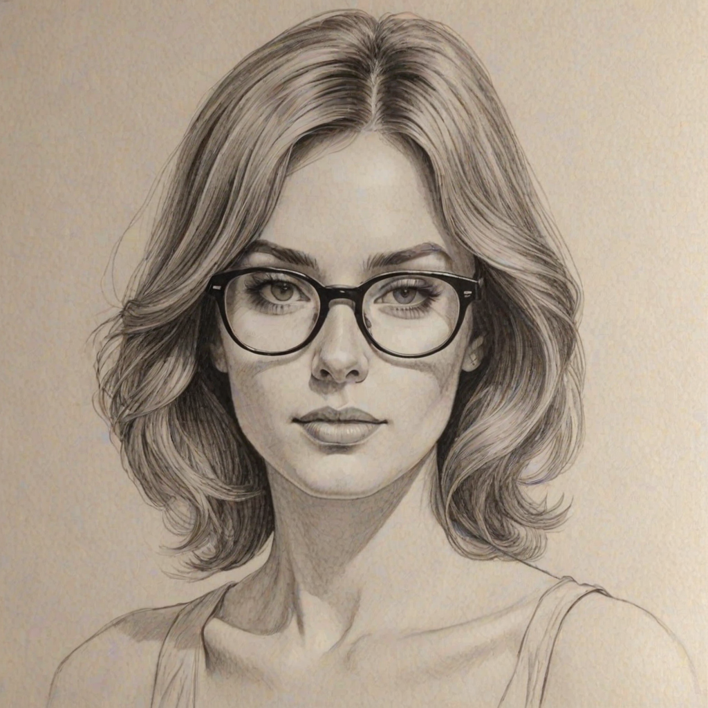 Beauteous Alana Austin, pencil sketch, portrait of Sublime woman 1972s in glasses, hair style beatnik, outline, clear lines, fine lines, 8k
