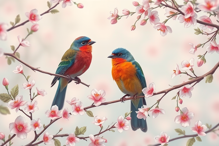 Create a high-resolution illustration of colorful birds perched on branches among delicate pastel floral patterns, using a Canon EOS R5 with a 50mm f/1.2 lens, at f/2.8, ISO 100, and a soft focus background to enhance the vibrancy of the colors and details in the composition.