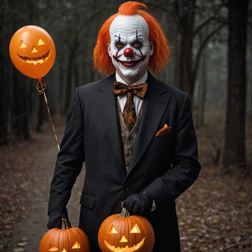 Illustrate a sinister clown with bright orange hair and a dark, menacing smile. The clown is holding a spooky jack-o'-lantern balloon and a carved pumpkin. Dress the clown in a formal suit with a large red bow tie to enhance the eerie Halloween ambiance. Aim for a chilling, unsettling style that captures the essence of Halloween horror.
