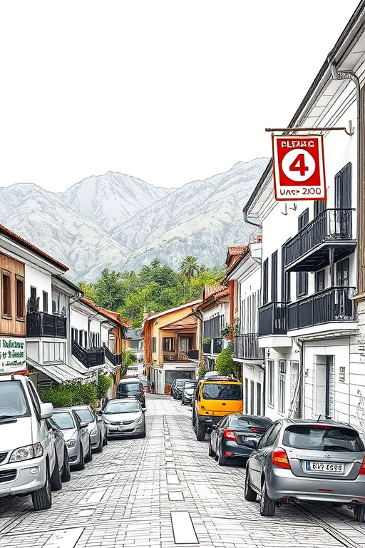 Create a detailed line drawing of a picturesque village street with traditional houses, cars, and a scenic backdrop of mountains, shot with a Canon EOS 5D Mark IV, 50mm lens, f/8 aperture, 1/125s shutter speed, and a wide-angle view to capture the entire street in a clear and vibrant style.