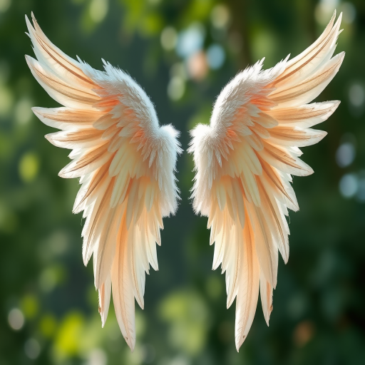 Create a high-resolution illustration of angel wings with detailed feathers, shot with a Canon EOS R5, 50mm f/1.2 lens, aperture f/2.8, ISO 100, in a soft natural light setting, front view, digital art style.