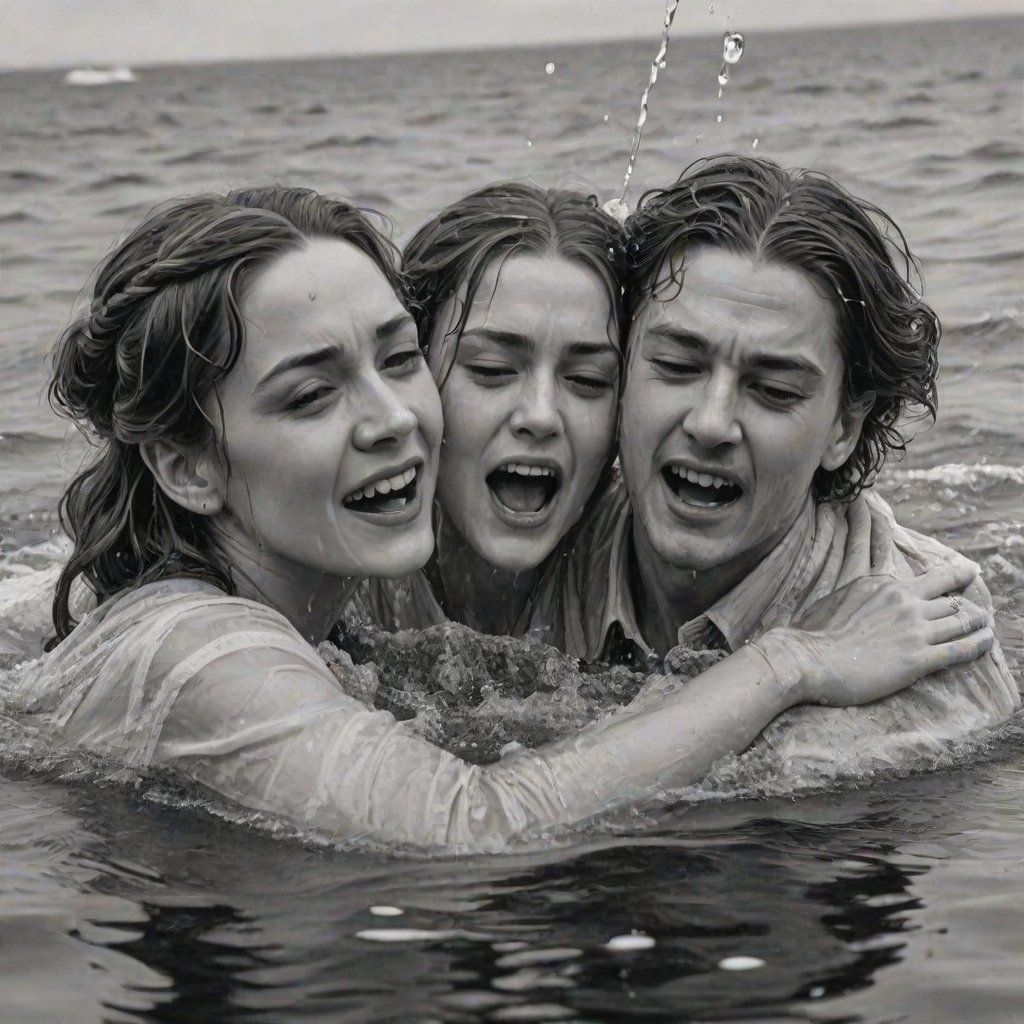 A hyperdetailed photorealistic black and white pencil sketch recreating the iconic scene at the end of Titanic with Jack and Rose floating in the water, only show them making exaggerated funny faces at the camera. Show Rose spitting water at the camera.