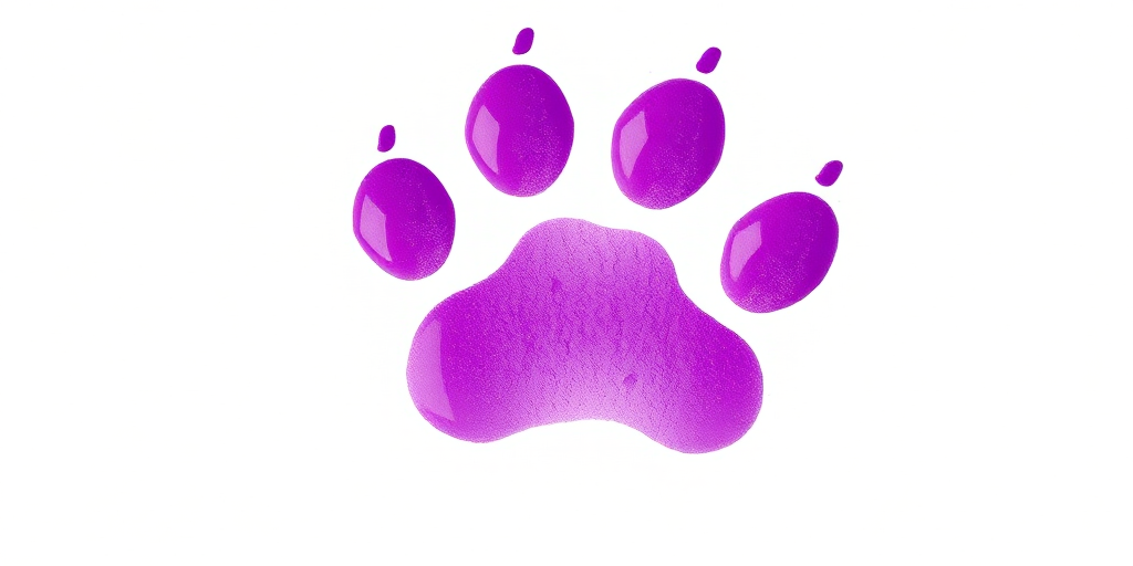 Create a high-resolution image of a vibrant purple paw print on a clean white background, photographed with a Canon EOS R5 at f/2.8, ISO 100, 50mm lens, in natural daylight for enhanced clarity and color saturation.