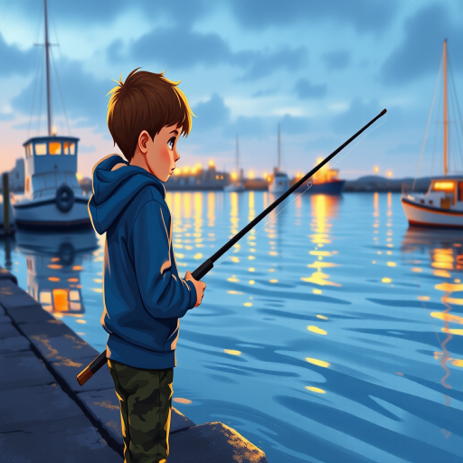 Regenerate an illustration of a young boy fishing by a serene harbor, with fishing rod in hand, wearing a blue hoodie and camo pants, vibrant reflections on the water, capture in 35mm lens, f/8 aperture, ISO 100, soft natural lighting, shallow depth of field, in a digital painting style.