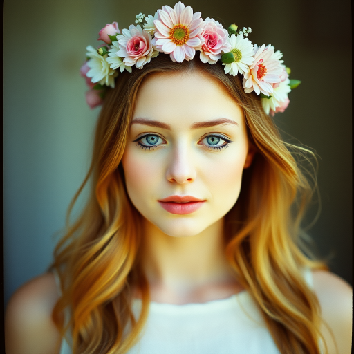 portrait of a serene woman with floral crown, soft focus, 50mm f/1.4 lens, ISO 100, natural lighting, high dynamic range, shot from a slightly low angle, vintage film style, medium format camera