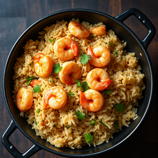 high-quality image of shrimp fried rice in a black pot, overhead view, natural lighting, ISO 100, f/4, 1/60 sec, DSLR camera