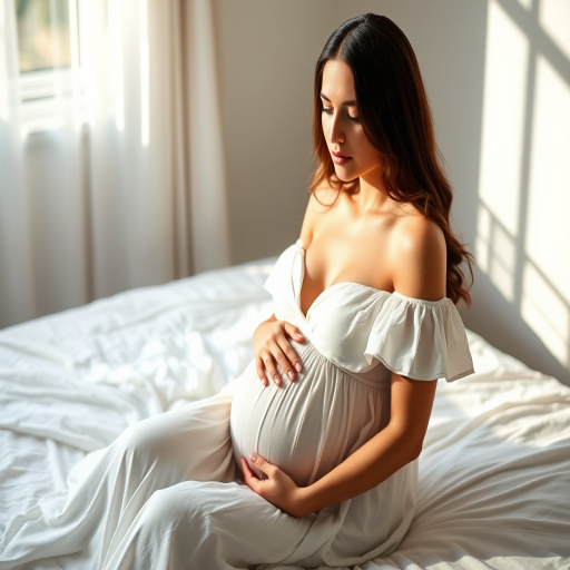 Create a portrait of a pregnant woman sitting on a bed, wearing a flowing white dress, softly lit with natural light, focus on serene facial expression, use a 50mm lens at f/1.8 for soft background blur, shot with a Canon EOS R5 in portrait mode for enhanced details.